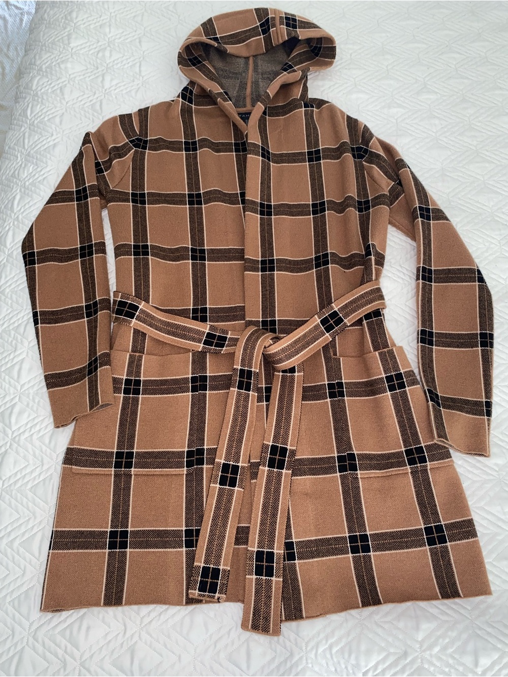 Tahari Camel and Black Plaid Hooded Belted Sweater Coatigan XS NWT
